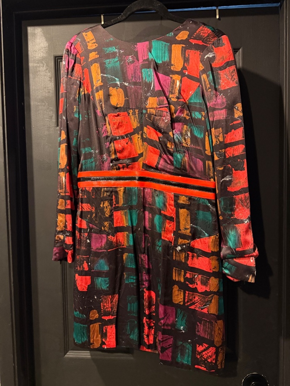 Milly Black Abstract Brushstroke Long Sleeve Midi Dress with Red & Teal Accents